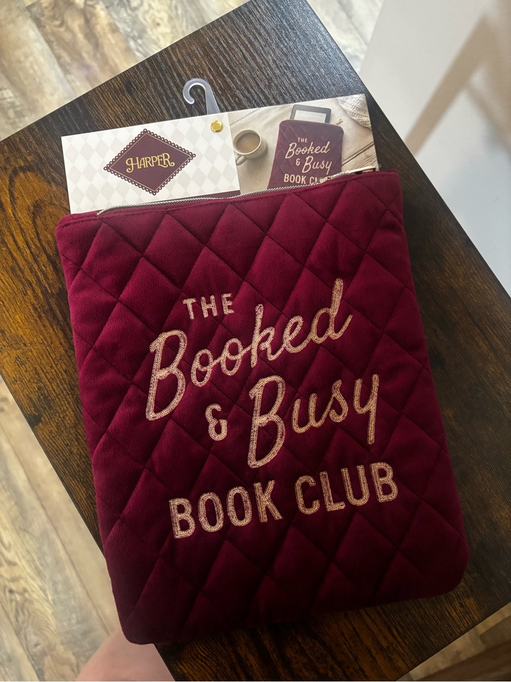 Harper Quilted Book Sleeve in Burgundy with Gold Script